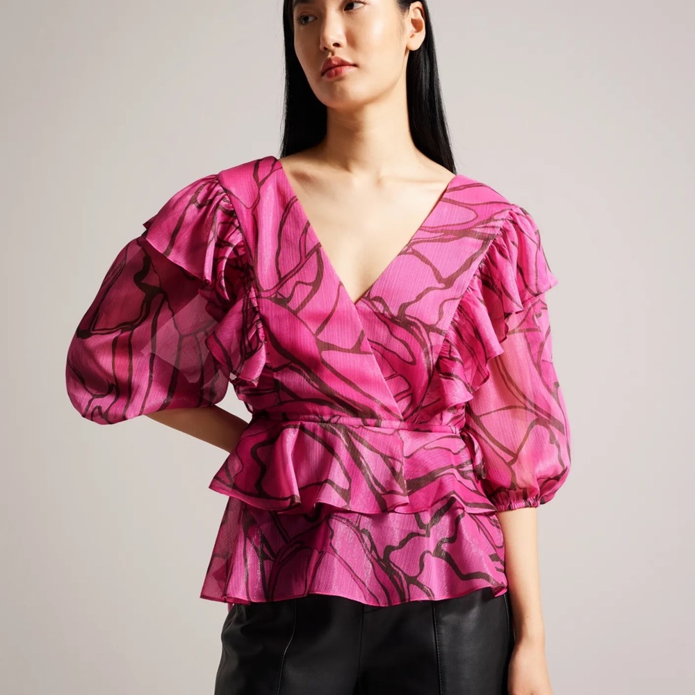 Ted Baker Jasmyna Ruffle V-Neck Top With Tie Waist in Pink Size 5- US 12…